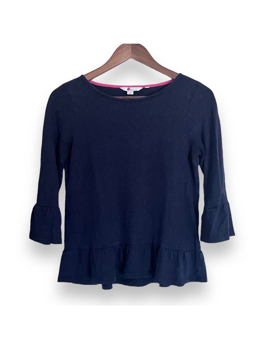 Boden 100% Linen Ruffle Peplum Knit Top Womens S Navy Blue 3/4 Bell Sleeves